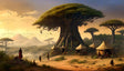 A massive baobab tree with sprawling roots stands tall at sunset, surrounded by traditional tents. The golden light bathes the landscape, creating long shadows across the sandy ground. Acacia trees dot the horizon, and distant mountains rise against the pastel sky. Villagers, dressed in simple attire, walk between tents, adding life to this tranquil scene. Birds glide overhead. Ai generated. Digital art style.