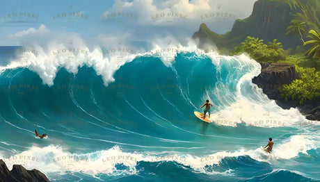 A towering ocean wave crashes forward, its deep turquoise water curling into a frothy white crest. Three surfers navigate the scene—one riding skillfully on a golden board, another paddling in the foreground, and a third waiting. To the right, lush tropical greenery and dark cliffs rise under a bright sky filled with scattered clouds, completing the vibrant coastal landscape. Ai generated. Digital art style.