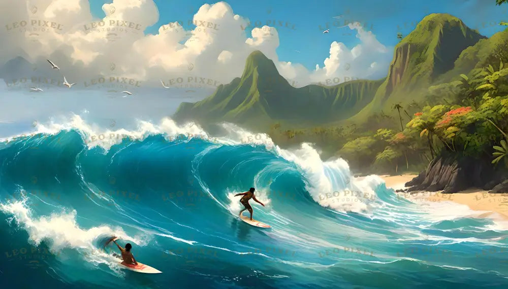 Bright turquoise waves crash with force, their white crests glistening under the sunlight. Two surfers ride the swells, one skillfully balancing on a board while another paddles. The backdrop features towering green mountains, lush tropical foliage, and a golden sandy beach. Puffy clouds dot the clear blue sky, adding to the vibrant, energetic scene. Ai generated. Digital art style.