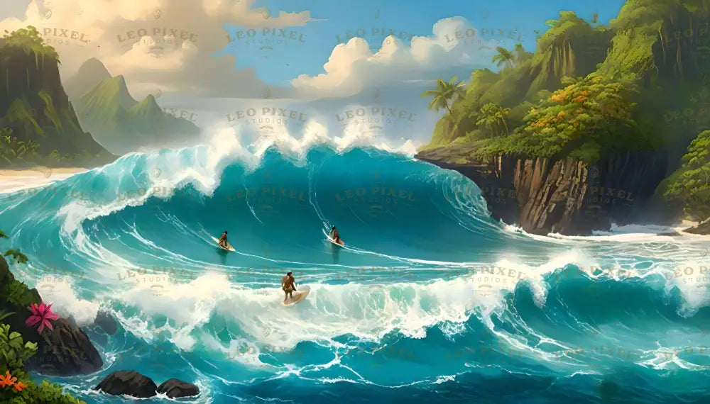 Towering turquoise waves dominate the scene, curling with frothy white crests. Three surfers skillfully navigate the powerful surf. Lush green cliffs with vibrant flowers and dense tropical foliage frame the beach on either side. The golden sands and serene waters stretch into the background, while soft clouds dot the bright blue sky above. Rocks anchor the foreground, adding texture. Ai generated. Digital art style.