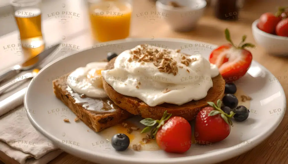 A plate of breakfast featuring toast with creamy white yogurt topped with crushed nuts, paired with another toast spread with jam and a poached egg. Fresh strawberries, blueberries, and a drizzle of syrup decorate the plate. In the background, glasses of orange juice and small bowls add to the setting on a wooden table bathed in warm light. Ai generated. Photography style.