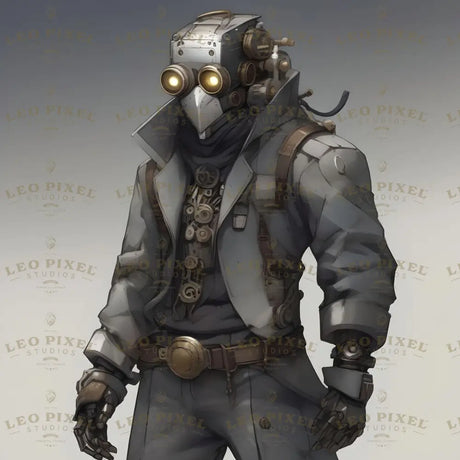 This cyberpunk character blends futuristic design with post-apocalyptic elements. Donning a birdlike metallic mask with glowing optics, they navigate urban ruins with their advanced exoskeleton, featuring articulated mechanical arms and utility straps. Intricate gears and tubes adorn their chest, suggesting a background in hacking or scavenging for survival in dystopian chaos. Ai generated image.