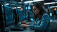 A technician wearing a lab coat and headphones is focused on multiple computer monitors displaying data and analysis tools. She types at a keyboard in a dimly lit, high-tech workspace. The environment is filled with screens and advanced technology, reflecting innovation and precision. The scene highlights the integration of digital tools in scientific and technological research Ai generated. Photography style.