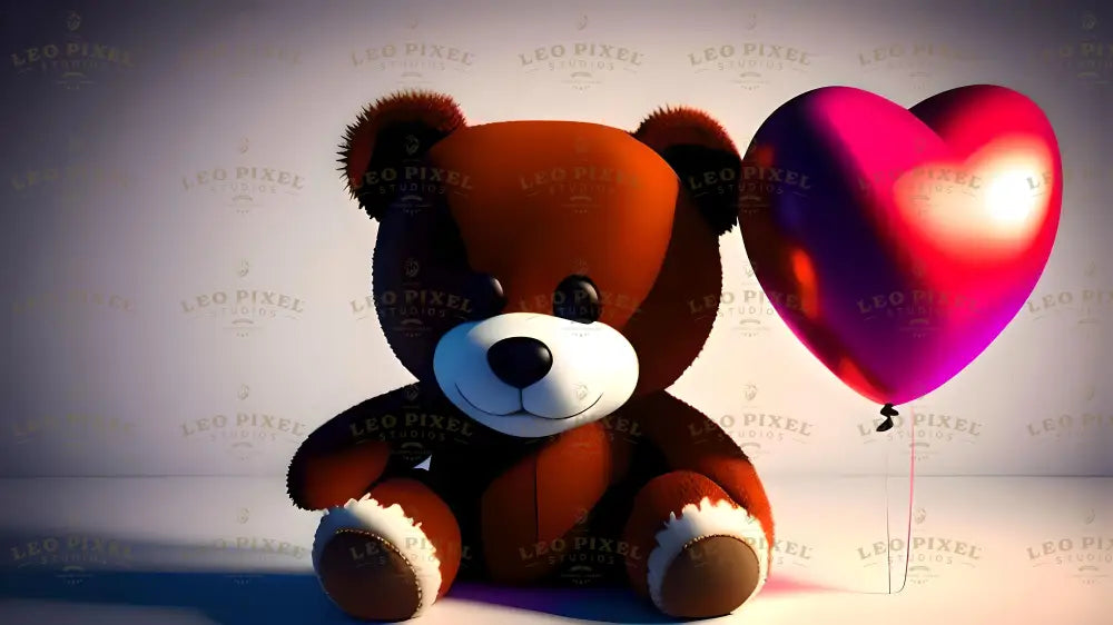 A charming teddy bear with a soft, velvety texture sits peacefully on a clean surface, illuminated by a soft, glowing light. Its round eyes and gentle smile add warmth, while a vibrant, heart-shaped balloon floats beside it. The balloon's rich pink and purple hues reflect the light, casting a romantic glow. The minimalistic background highlights the serene, tender moment. Ai generated image.