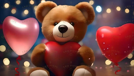 A soft, fluffy teddy bear sits cheerfully in the center, clutching a shiny red heart with its gentle paws. The bear’s round, bright eyes and warm smile radiate love and innocence. Two glossy heart-shaped balloons, one pink and one red, float beside it, tied with playful ribbons. The softly blurred background twinkles with glowing lights, creating a magical, romantic ambiance. Ai generated image.