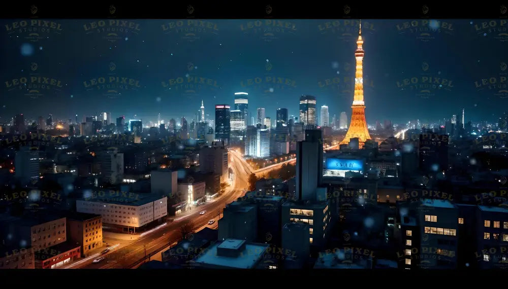 A stunning view of Tokyo at night reveals its vibrant skyline, with illuminated skyscrapers and bustling streets. Tokyo Tower radiates a golden glow, standing as the city's iconic centerpiece. Snowflakes gently fall, adding a serene touch to the urban energy. This breathtaking scene beautifully showcases the charm of Tokyo's winter nights. Ai generated image.