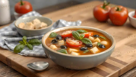 A bowl of vibrant tomato soup topped with fresh basil leaves, sliced tomatoes, black olives, and cubes of cheese. The orange-red broth is rich and colorful. A bowl of croutons sits nearby on a checkered cloth. In the background, fresh tomatoes and a bottle add to the rustic setup. A silver spoon rests on the wooden surface beside the bowl, completing the scene. Ai generated. Photography style.