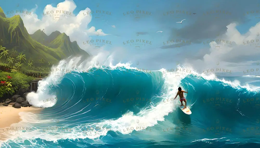 A massive turquoise wave curls majestically, its foamy crest breaking into white sprays. A lone surfer skillfully glides along its face, balancing on a white board. Lush green cliffs with dense tropical foliage and tall palms frame the left, meeting the sandy shoreline. Above, scattered clouds and blue sky dominate, while a few seabirds soar in the distance. Ai generated. Digital art style.