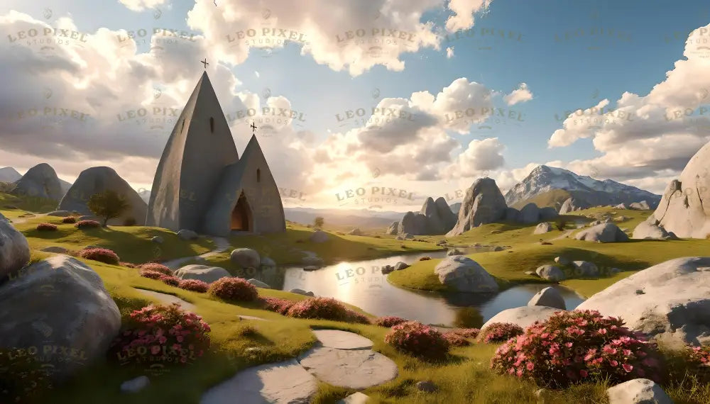 This digital artwork showcases a peaceful countryside with a minimalist chapel featuring pointed roofs and crosses, nestled among rolling green hills. Vibrant pink flowers and scattered rocks surround a reflective pond, while distant mountains and a golden sunset add depth. Soft clouds drift across the sky, enhancing the idyllic and serene atmosphere of this natural retreat. Ai generated image.