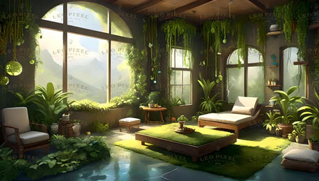 A serene greenhouse filled with light from large arched windows showcasing a lush mountain view. The space has clean-lined furniture, including a cushioned lounger, armchairs, and a low table with greenery-inspired decor. Plants cascade from shelves and hang from the ceiling, blending into the natural setting. A soft green rug and potted plants enhance the peaceful ambiance. Ai generated. Digital art style.