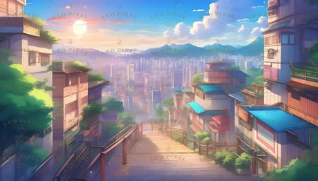 This anime-style image captures a serene hillside staircase leading down to a bustling cityscape. Flanked by traditional Japanese-style homes with vibrant roofs and lush greenery, the scene transitions gracefully into a sprawling modern skyline bathed in golden sunlight. The distant mountains and soft, scattered clouds add a touch of peace to this harmonious blend of nature and urban life. Ai generated image.