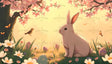 A serene anime-style scene featuring a white rabbit sitting amidst a meadow of vibrant daisies and Easter eggs. The background glows with warm golden light as pink cherry blossoms frame the top, petals softly falling. Butterflies flutter near a tree, and a small bird hovers nearby. The soft, pastel palette and gentle details create a calm, idyllic atmosphere. Ai generated. Anime style.