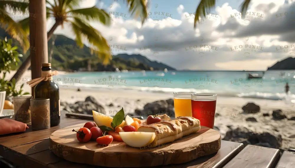 A wooden table holds a rustic wooden platter topped with fresh bread, sliced melon, bright red cherry tomatoes, and leafy greens. Two glasses, one with orange juice and another with red juice, sit beside a dark glass bottle tied with twine. The turquoise sea and palm-fringed beach provide a stunning backdrop under a partly cloudy sky, creating a tranquil tropical ambiance. Ai generated. Photography style.