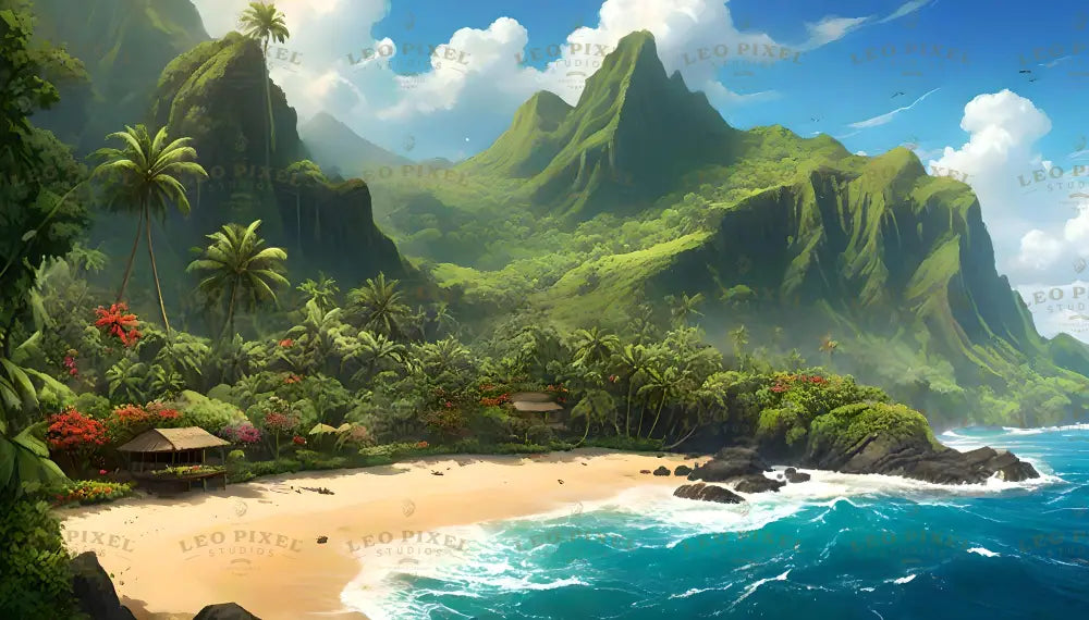 A lush tropical coastline features dense green foliage, vibrant flowers, and tall palm trees. Towering mountains with steep cliffs rise in the background, covered in vegetation. A small wooden hut rests near a sandy beach with soft waves meeting the shore. The ocean is a vivid blue, blending with the clear sky, dotted by light clouds and distant birds. Ai generated. Digital art style.