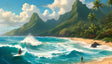 A vibrant coastline with turquoise waves crashing against the sandy shore. Lush green cliffs rise steeply in the background, adorned with tall palm trees and bursts of colorful flowers. A surfer rides a rolling wave, while another figure stands in the shallows. Puffy white clouds dot the bright blue sky, completing this idyllic tropical scene. Ai generated. Digital art style.