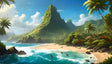 A pristine tropical landscape with turquoise waves gently rolling onto a sandy beach. Towering green cliffs covered in dense vegetation rise dramatically in the background. Palm trees frame the scene, and vibrant red flowers add bursts of color. The bright blue sky is scattered with soft clouds, while the clear water sparkles in the sunlight. Rocks punctuate the coastline, adding contrast. Ai generated. Digital art style.