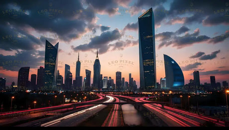 A striking city skyline stands silhouetted against the hues of a fading sunset, with sharp, modern skyscrapers piercing the dusk sky. Below, illuminated highways curve gracefully, their red and white streaks of light capturing the rhythm of bustling urban life. The dramatic clouds above add depth and texture, completing this captivating urban twilight scene. Ai generated image.