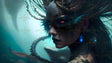 A close-up view of an underwater figure with glowing red eyes, dark lips, and a textured face that resembles scales. Her intricate headdress features spiraling coral and bioluminescent orbs. A glowing blue earring adds to her enigmatic appearance. Tentacle-like elements with spiked textures frame the scene, and the background is an ethereal gradient of deep blue and turquoise. Ai generated. Cinematic style.