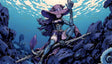 A detailed illustration of a witch sitting amid oceanic rock formations. She wears a large purple hat with ribbon details, a corset-style outfit with lace accents, and thigh-high stockings. Her flowing dark purple hair blends with the water, illuminated by light filtering through the surface. She grips a staff, surrounded by marine life, with sharp rocks framing the composition. Ai generated. Anime style.