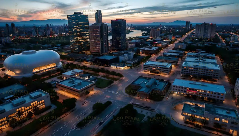 This photography-style image captures a vibrant cityscape at dusk, where modern architecture meets serene skies. A futuristic dome-shaped building radiates soft, golden light, surrounded by sleek office blocks and winding streets. The distant skyline blends into the twilight hues, while city lights reflect the bustling energy of urban life transitioning into night. Ai generated image.