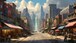 A vibrant city street lined with colorful storefronts, striped awnings, and bustling markets filled with people. Vintage cars are parked along the road, while tall buildings rise in the distance. A striking waterfall cascades between towering skyscrapers under a bright sky with fluffy clouds. Overhead, birds fly freely, adding movement to the lively urban setting. Ai generated. Digital art style.