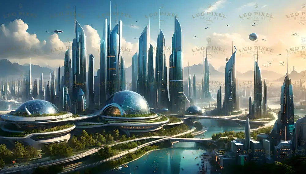 This digital artwork portrays a futuristic cityscape with sleek, glass-covered skyscrapers stretching toward the sky. Geodesic domes house lush greenery, blending nature with advanced architecture. Blue waterways wind through the city, connected by bridges, while aerial vehicles and distant mountains complete this harmonious vision of technological and environmental balance. Ai generated image.