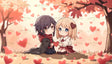 In a serene Valentine's Day setting, two charming chibi characters—a boy in a cozy dark cloak and a girl in a frilly dress—kneel together on a golden autumn ground, holding a single red heart. Surrounding them are vibrant heart-shaped leaves drifting softly from the glowing trees. The scene radiates warmth, innocence, and love, capturing a magical moment of young affection on Valentine's Day. Ai generated image.