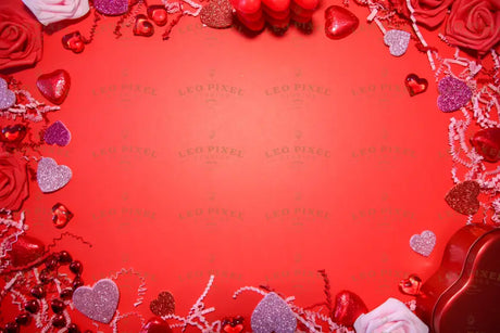 A red background is decorated with roses in pink and red, sparkling glitter hearts, and glossy heart-shaped ornaments. The frame is filled with shredded paper, small heart chocolates, and a red heart-shaped box. The center is left empty, creating a balanced composition. The bright lighting highlights the rich textures and colors, enhancing the festive and romantic theme. Photography.