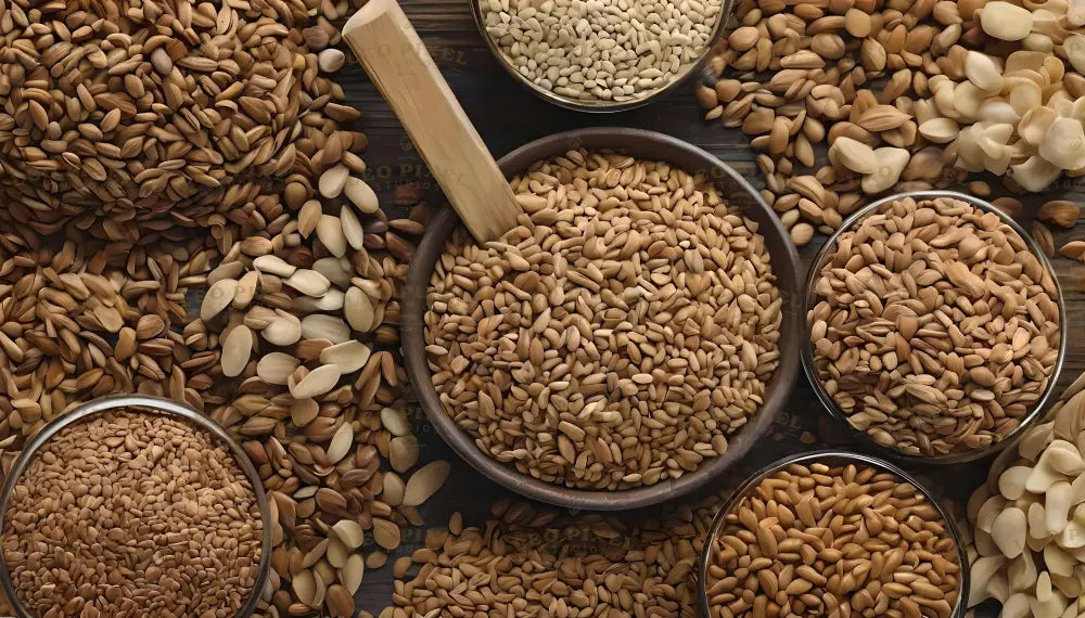 This image shows a collection of seeds in different bowls and spread across a wooden surface. The seeds include sunflower seeds, pumpkin seeds, and others in shades of brown and cream. A wooden scoop rests in one bowl, adding detail to the arrangement. The textures of the seeds and bowls are clear, creating a natural and earthy look. Ai generated. Photography style.