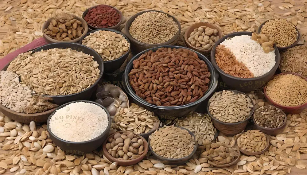 This image shows a collection of seeds and grains in bowls of different sizes, arranged on a wooden surface. The seeds range in color from white to brown and include sunflower seeds, pumpkin seeds, and rice. Some bowls are filled with crushed grains, while others hold whole seeds. The background is scattered with loose seeds, creating a natural and rustic display. Ai generated. Photography style.