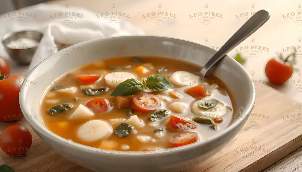 A warm bowl of vegetable soup filled with vibrant ingredients. Cherry tomato halves, sliced carrots, tender spinach leaves, and creamy potato rounds float in a light orange broth. A sprig of fresh basil adds a touch of green at the center. The soup is presented in a white bowl on a wooden surface, with fresh tomatoes and a napkin softly blurred in the background for a cozy feel. Ai generated. Photography style.