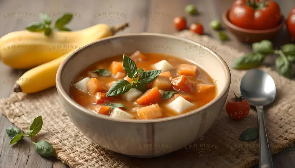 A warm bowl of vegetable soup with a vibrant orange broth filled with chunky pieces of carrots, potatoes, and other root vegetables. Fresh basil leaves garnish the dish. In the background, bright yellow bananas and red tomatoes add color. A silver spoon lies on a woven mat next to the bowl, with scattered basil leaves enhancing the rustic presentation. Ai generated. Photography style.