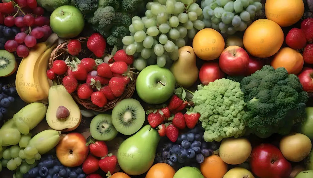 This image displays a colorful variety of fruits and vegetables. It includes bright red strawberries in a basket, green apples, bananas, pears, kiwis, broccoli, green grapes, oranges, and blueberries. The fresh produce is neatly arranged, showcasing vibrant colors and natural textures, creating a rich and appealing presentation of healthy, fresh food. Ai generated. Photography style.