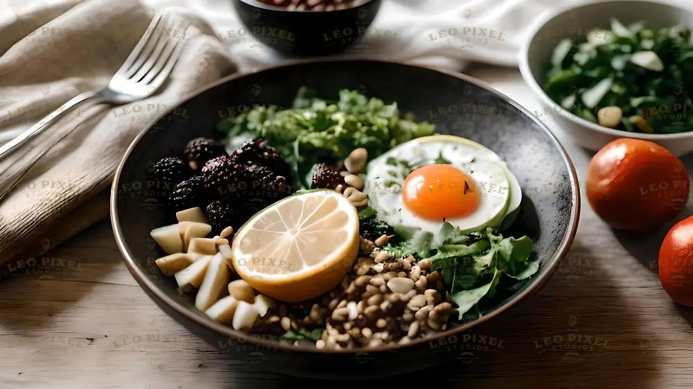 A beautifully presented bowl features a sunny-side-up egg nestled in greens, surrounded by blackberries, diced pears, nuts, and seeds. A halved lemon adds brightness, complemented by tomatoes and additional greens in the background. The wooden table and soft napkin create a rustic yet elegant setting, highlighting the natural, fresh ingredients. Ai generated. Photography style.