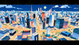 This stylized artwork captures a bustling city illuminated under a deep blue sky. Skyscrapers and buildings in vivid hues of orange, blue, and white line the streets, while a full moon shines brightly above. Wide roads and scattered greenery add depth and energy, creating a dynamic and colorful representation of urban life at the edge of twilight. Ai generated image.