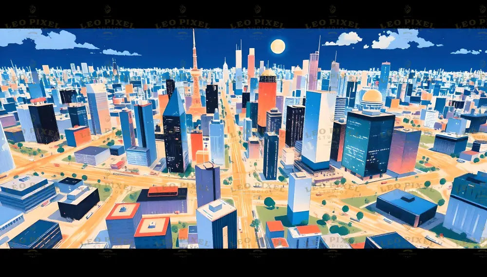 This stylized artwork captures a bustling city illuminated under a deep blue sky. Skyscrapers and buildings in vivid hues of orange, blue, and white line the streets, while a full moon shines brightly above. Wide roads and scattered greenery add depth and energy, creating a dynamic and colorful representation of urban life at the edge of twilight. Ai generated image.