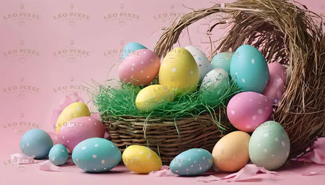 A wicker basket overflows with pastel-colored Easter eggs, each decorated with polka dots and patterns. The eggs rest on a bed of green faux grass, with some spilling onto the pink surface below. The scene is set against a soft pink background, enhancing the festive atmosphere. The delicate details and bright colors create a lively Easter display. Ai generated. Photography style.