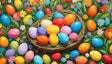 A woven basket brimming with colorful Easter eggs sits on lush green grass surrounded by a vivid array of flowers. The eggs showcase bright hues of red, blue, yellow, pink, and purple with smooth, glossy finishes. Around the basket, additional eggs and blossoms in shades of orange, yellow, and lavender create a cheerful, festive scene bursting with life and color. Ai generated. Digital art style.