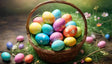 The image shows a wicker basket filled with colorful Easter eggs sitting on green grass. The eggs are painted in bright pastel colors with simple patterns like flowers and dots. Some eggs are scattered outside the basket on a wooden surface with small flowers nearby. The background is green and soft, with sunlight adding a cheerful and festive feeling to the scene. Ai generated. Photography style.