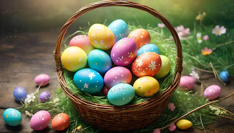 The image shows a wicker basket filled with colorful Easter eggs sitting on green grass. The eggs are painted in bright pastel colors with simple patterns like flowers and dots. Some eggs are scattered outside the basket on a wooden surface with small flowers nearby. The background is green and soft, with sunlight adding a cheerful and festive feeling to the scene. Ai generated. Photography style.