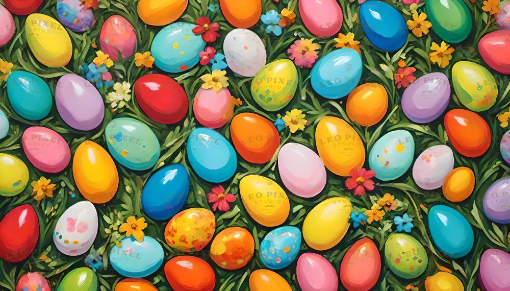 A delightful array of brightly colored Easter eggs in shades of red, yellow, pink, blue, orange, and green rests on a lush green bed of leaves. Intricate patterns and speckles adorn some eggs, enhancing their charm. Surrounding them are delicate flowers in yellow, pink, and blue, creating a festive and vibrant celebration of spring and Easter joy. Ai generated. Digital art style.