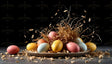 A plate of pastel-colored Easter eggs in pink, yellow, blue, and orange sits amidst an artistic burst of straw and debris. Pieces of husk and particles scatter dynamically against a dark black background, creating a dramatic contrast. The vibrant colors of the eggs and the chaotic motion of the flying straw add energy and excitement to the composition. Ai generated. Photography style.