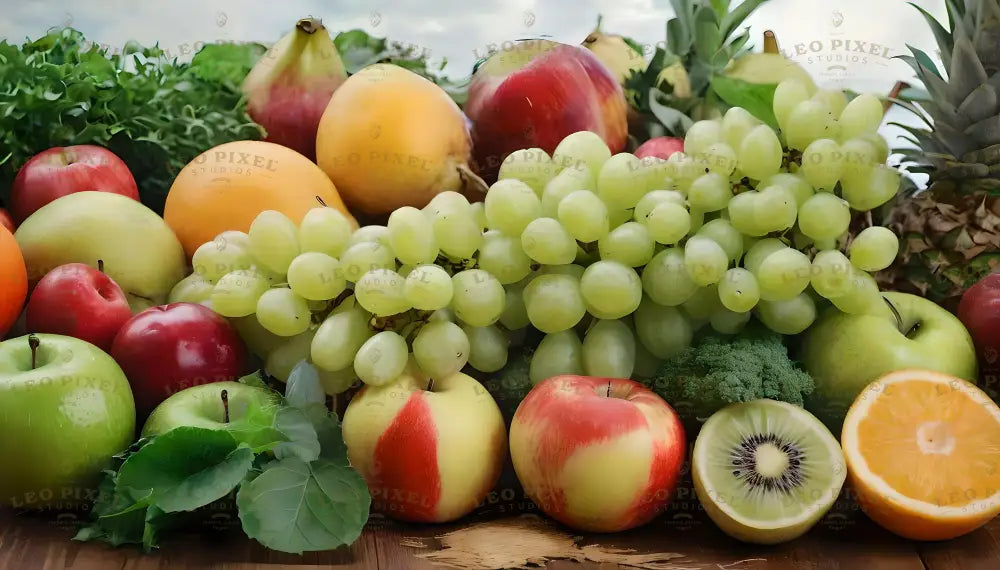 A colorful collection of fresh fruits and vegetables. Juicy green grapes, shiny red and green apples, ripe pears, oranges, kiwis, and leafy greens sit together. The bright colors and varied textures create a natural, healthy arrangement, highlighting the freshness and vitality of each item. A perfect representation of nature’s bounty, full of nutrients and flavor. Ai generated. Photography style.