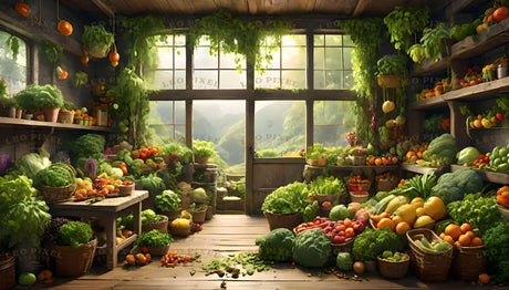 A bright, rustic room filled with a variety of fresh fruits and vegetables displayed in baskets, on shelves, and tables. The space features large windows and a wooden door that open to a view of rolling green hills. Sunlight streams through, illuminating the colorful produce, including lettuce, tomatoes, broccoli, bananas, and oranges. Hanging greenery adds a natural, lush touch to the setting. Ai generated. Digital art style.