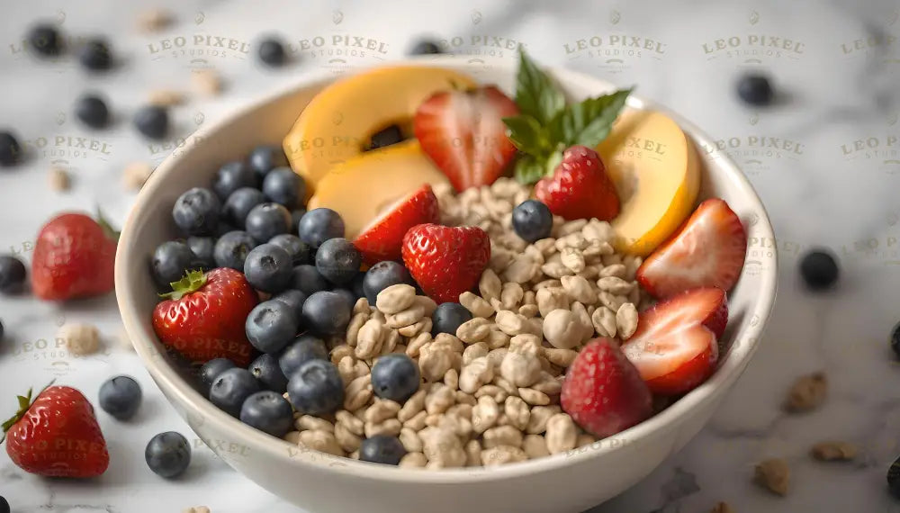 A refreshing bowl with vibrant ingredients arranged beautifully. It includes juicy strawberries, plump blueberries, golden peach slices, crunchy granola, and a sprig of fresh mint. The bowl sits on a marble surface scattered with additional berries and granola pieces. The colors and textures emphasize freshness and balance, creating an appetizing presentation. Ai generated. Photography style.