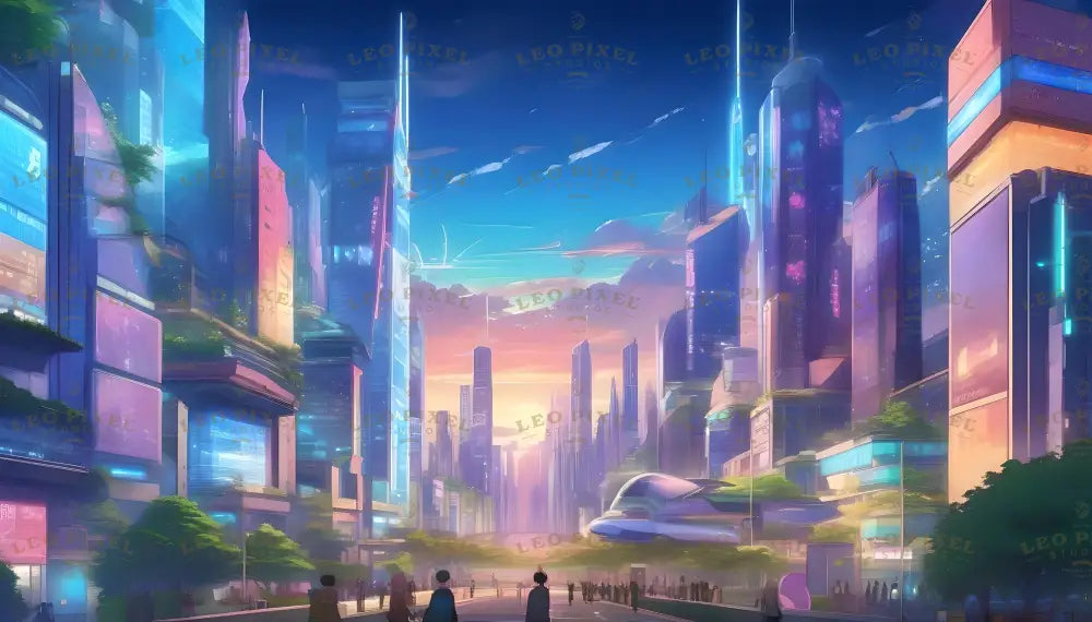 This stunning anime-style image showcases a radiant futuristic city at sunset. Towering skyscrapers with glowing facades stretch toward the sky, reflecting hues of pink, orange, and blue. Hovercraft glide above lush greenery integrated into the architecture, while people stroll below, creating a harmonious blend of advanced technology and serene urban life. Ai generated image