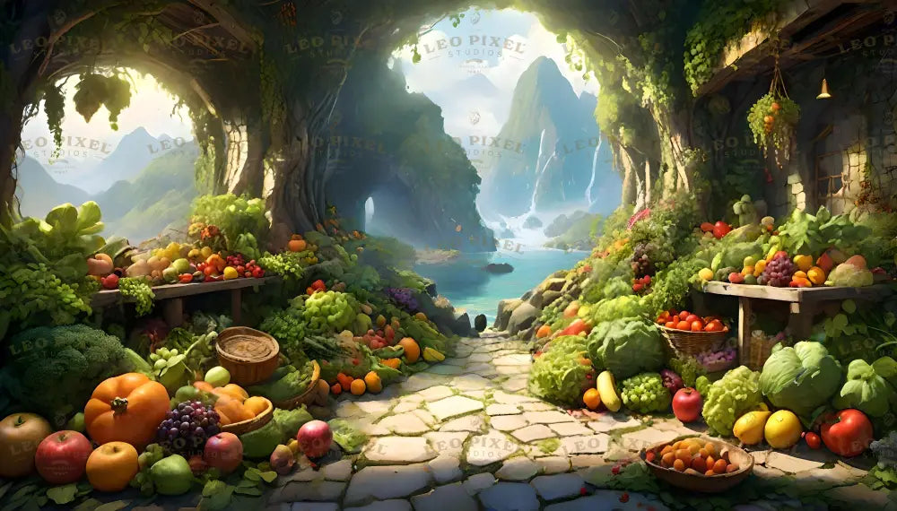 A lush garden market set in a stone archway overlooking a serene lake surrounded by green hills and distant mountains. Tables and baskets overflow with fresh fruits and vegetables, including apples, grapes, pumpkins, and leafy greens. Sunlight filters through vines hanging from the arch, creating a warm, inviting atmosphere with vibrant colors and natural beauty. Ai generated. Digital art style.