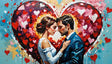 A man and woman share a tender embrace against a striking, textured heart backdrop filled with radiant hues of red, pink, and gold. Surrounding them, floating hearts enhance the romantic atmosphere. The intricate brushstrokes and dynamic colors bring life to the image, evoking a sense of profound love and connection, making the scene feel vivid and intimate. Ai generated. Acrylic painting style.