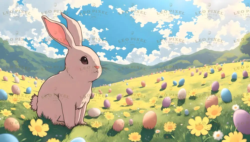 An anime-style image of a pink rabbit sitting on a grassy meadow filled with pastel-colored Easter eggs scattered across the field. Yellow daisies and wildflowers dot the lush greenery. Rolling green hills stretch into the background under a bright blue sky, adorned with fluffy white clouds. The vibrant colors and serene composition evoke a feeling of warmth and joy. Ai generated. Anime style.