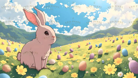 An anime-style image of a pink rabbit sitting on a grassy meadow filled with pastel-colored Easter eggs scattered across the field. Yellow daisies and wildflowers dot the lush greenery. Rolling green hills stretch into the background under a bright blue sky, adorned with fluffy white clouds. The vibrant colors and serene composition evoke a feeling of warmth and joy. Ai generated. Anime style.